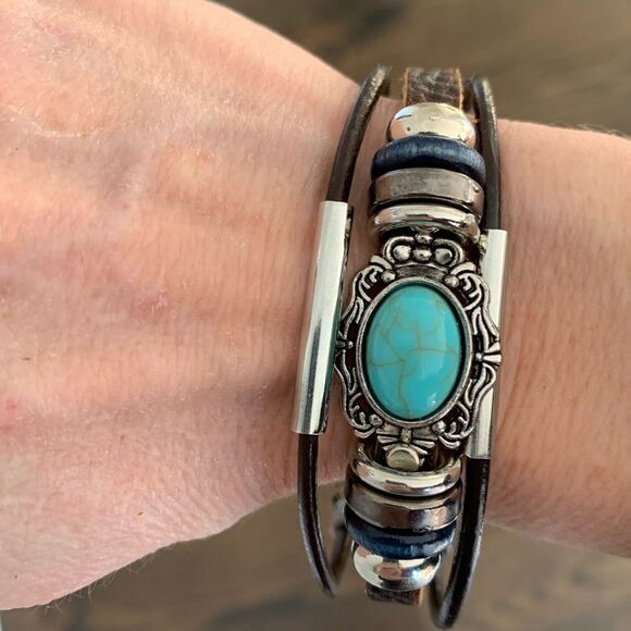 Rugged Western Boho Multi-Strand Bracelet, Faux Turquoise & Brown Leather - Picture 3 of 10